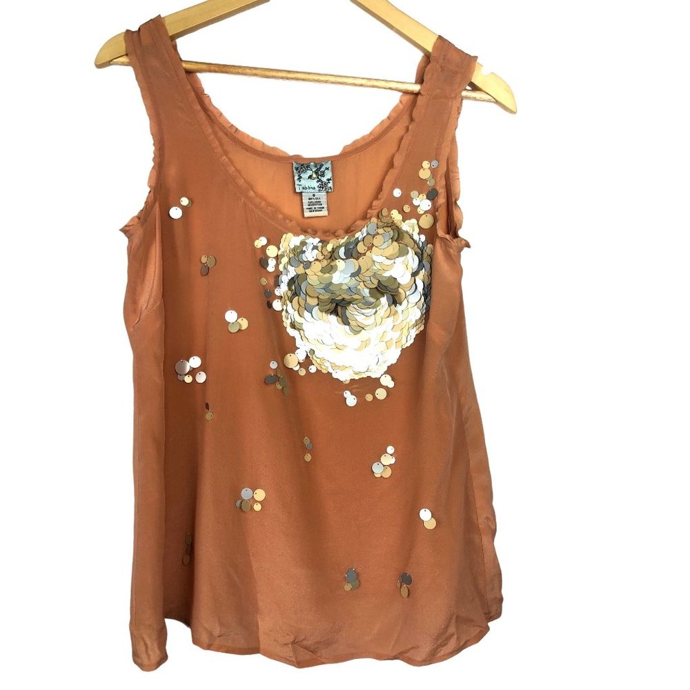 Anthropologie TABITHA Dusty Rose Silk Tank Top Silver Embellishments 8